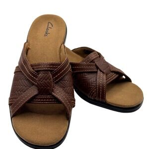 Clarks Artisan Owl‎ Brown Leather Comfort Slide Sandals Women Size 6M ResortWear